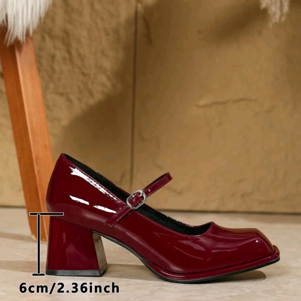 Women's Small Size Chunky Heeled Mary Jane Shoes, Round Toe Red/Burgundy Leather - Picture 3 of 7